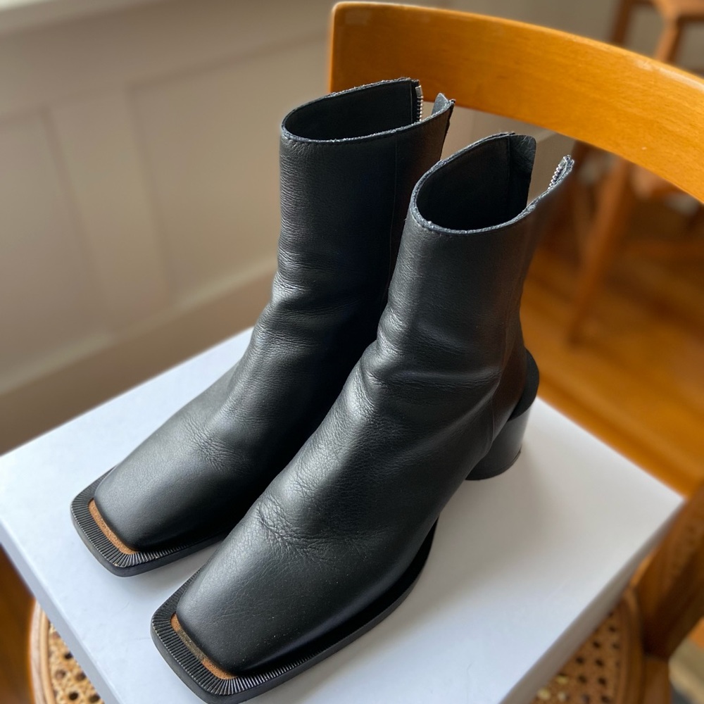 MAISON MARGIELA Square Toe Black Leather Ankle Boots